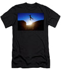 1 a Man Jumps Across a Chasm While Hiking Kirk Mastin T-Shirt