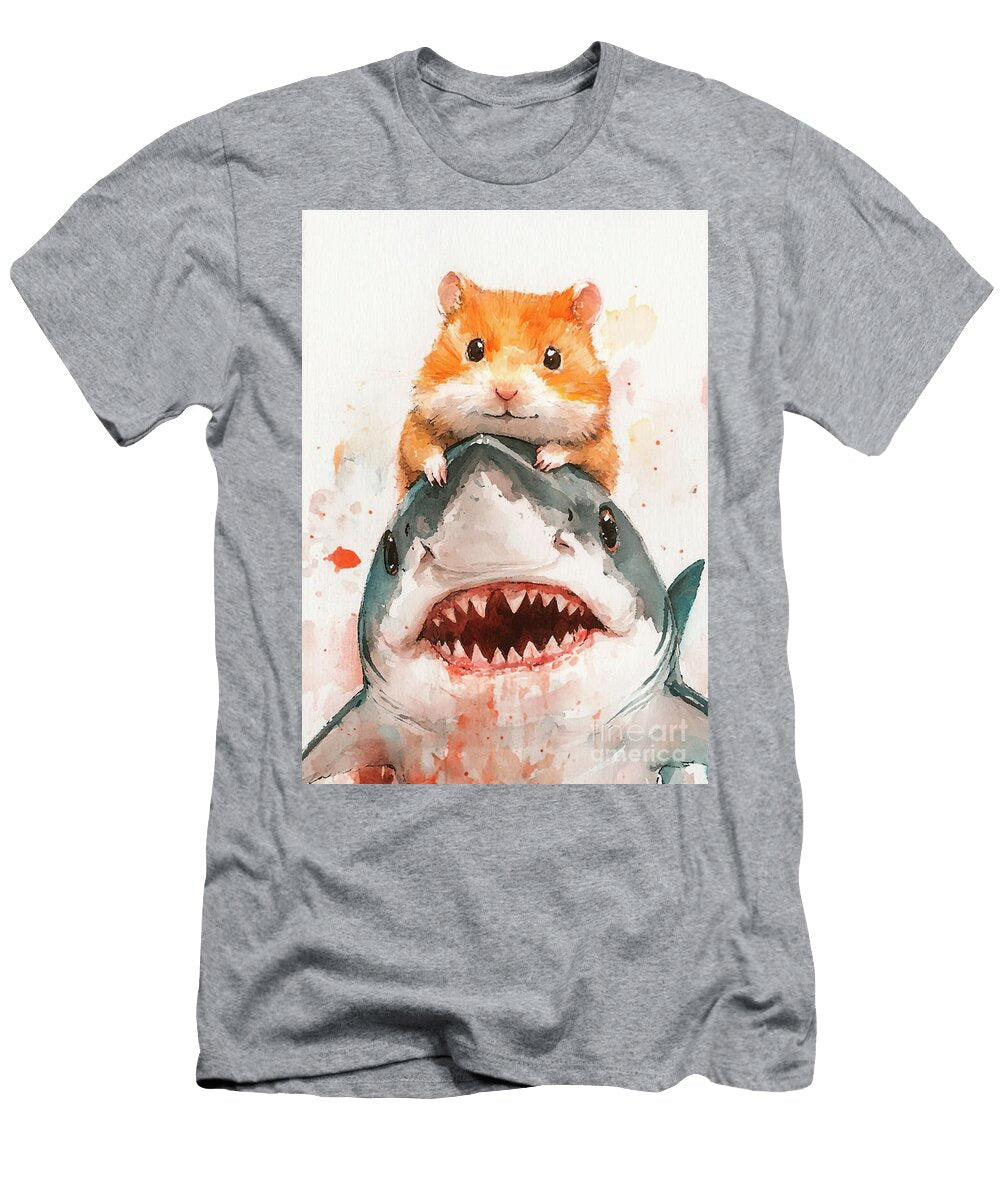 1 Cute Hamster Riding a Great White Shark Watercolor Painting Clint Mclaughlin T-Shirt