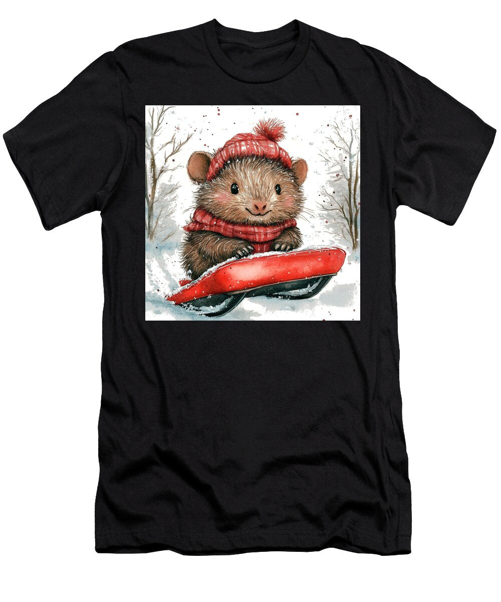 1 Cute Hedgehog Sledding in the Winter Snow Rhys Jacobson T-Shirt