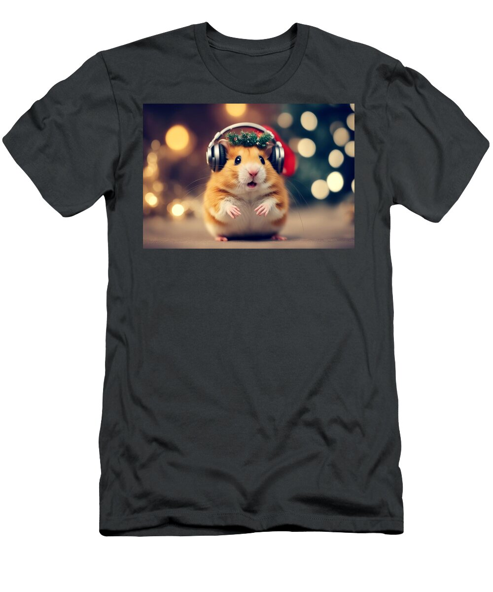 1 Festive Humor Sings Close Portrait Adphones Christmas Background Charming Funny Hamster Joke a Pet Animal Music Domestic Small White Cute Earphones Sound Listen Audio Wafe Akkash T-Shirt