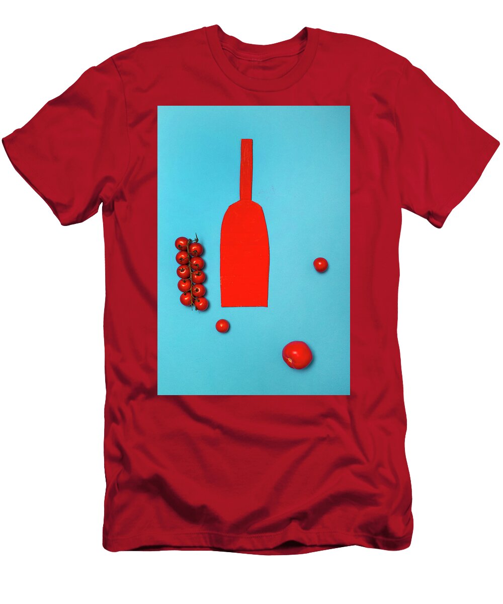 1 Ripe Red Tomatoes with a Red Bottle Cut Out of Cardboard Valentin Ivantsov T-Shirt