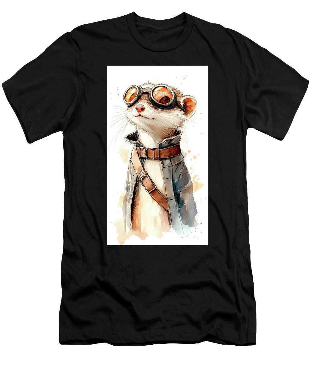 1 Stylish Ferret in Aviator Glasses Watercolor Portrait Clint Mclaughlin T-Shirt