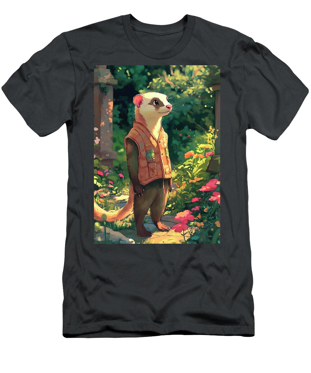 2 a Lively Ferret Wearing a Little Vest Exploring a Garden Eldre Delvie T-Shirt