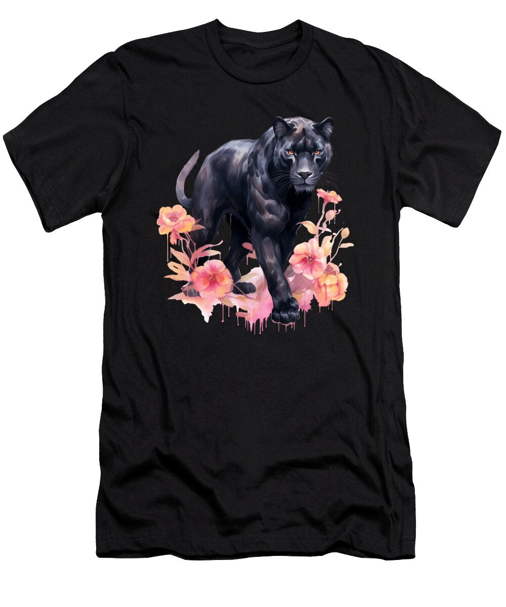 2 Black Panther Cat Pastel Flowers Safari Watercolor Heidi Joyce T-Shirt