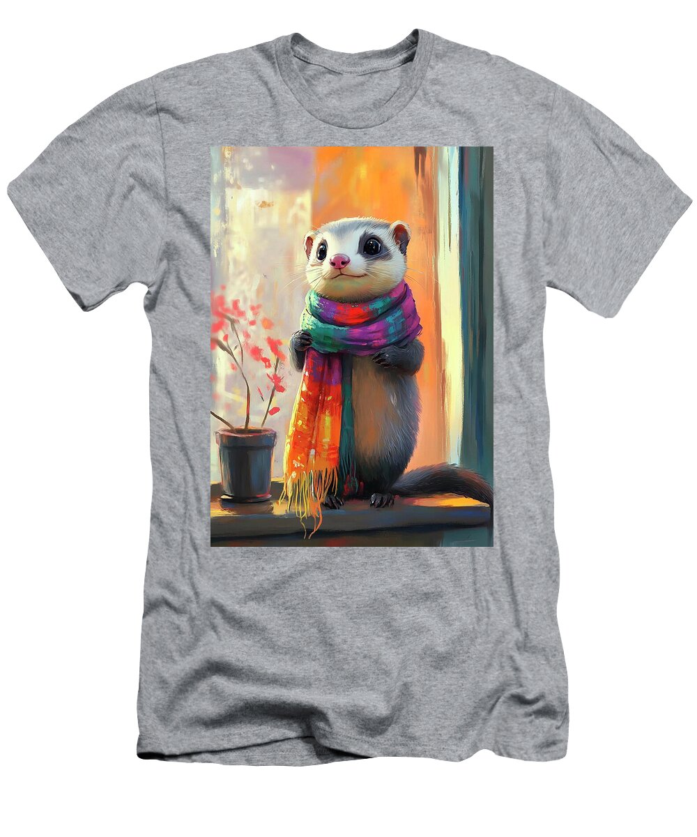 3 a Lively Ferret Wearing a Colorful Scarf Exploring a Room Eldre Delvie T-Shirt