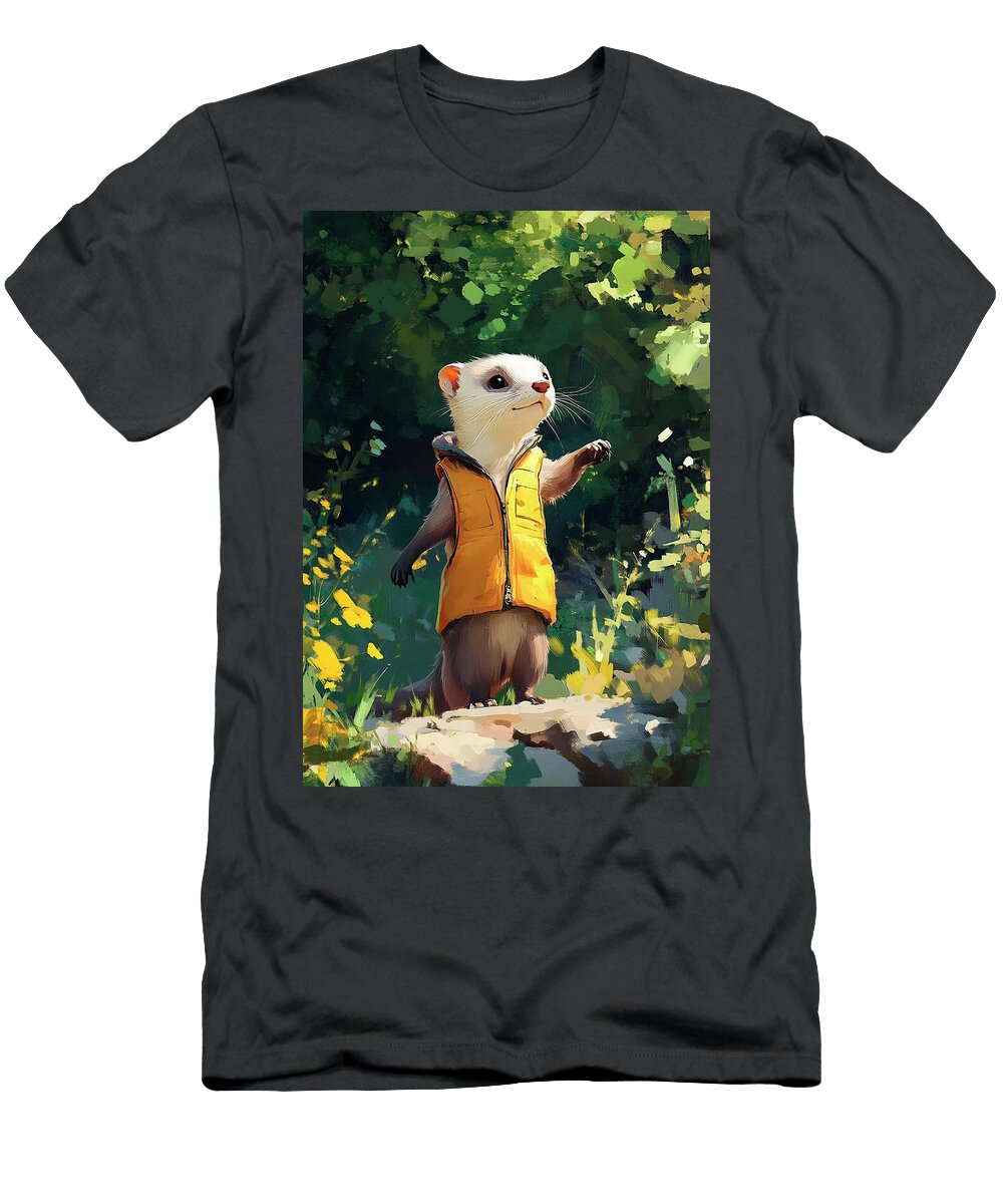 3 a Lively Ferret Wearing a Little Vest Exploring a Garden Eldre Delvie T-Shirt