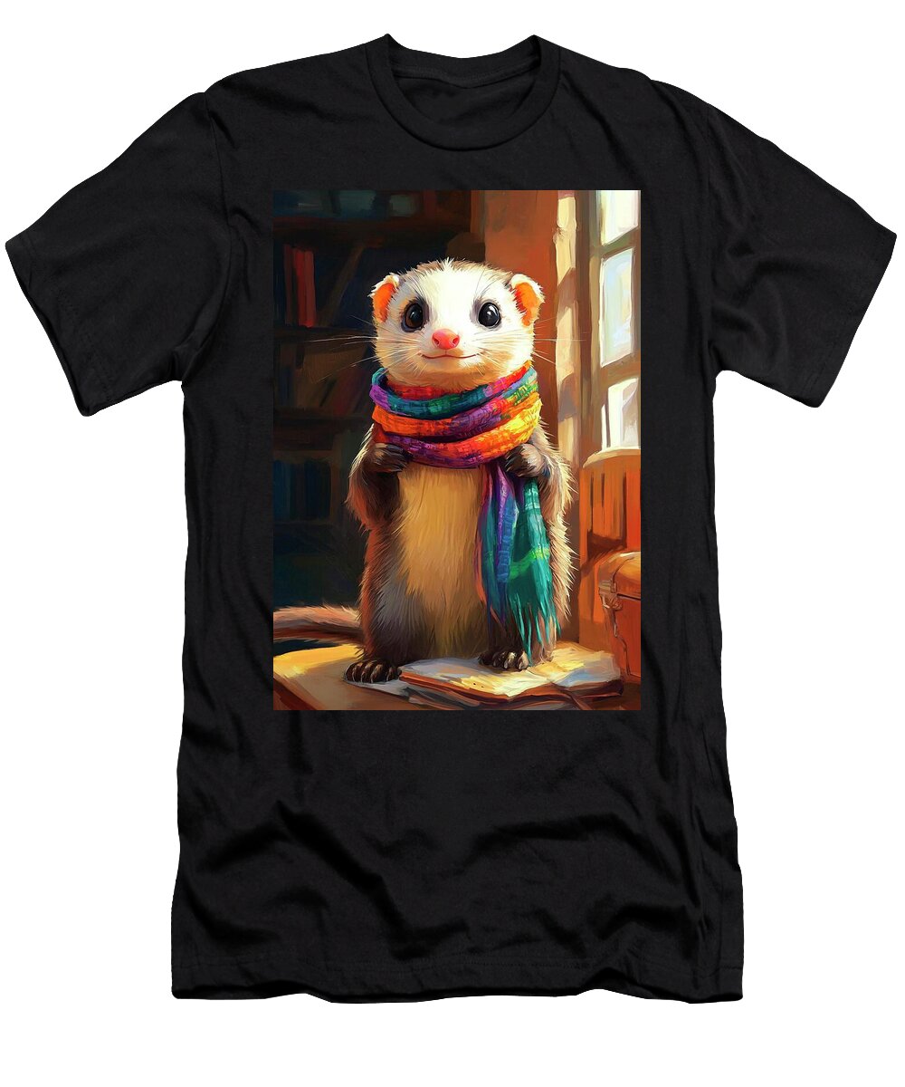 4 a Lively Ferret Wearing a Colorful Scarf Exploring a Room Eldre Delvie T-Shirt
