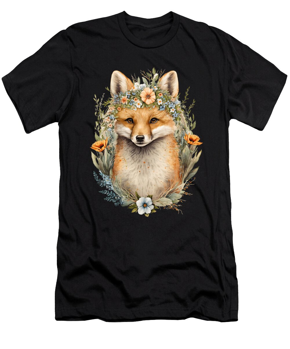 5 Boho Fox Floral Wildlife Nature Animal Heidi Joyce T-Shirt