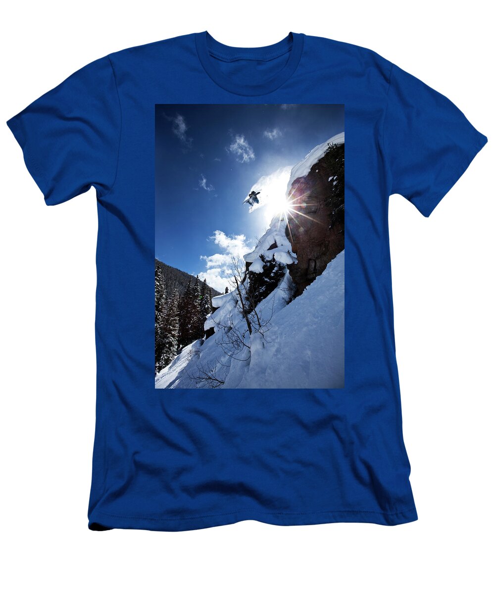 6 a Snowboarder Jumps Off a Cliff Patrick Orton T-Shirt