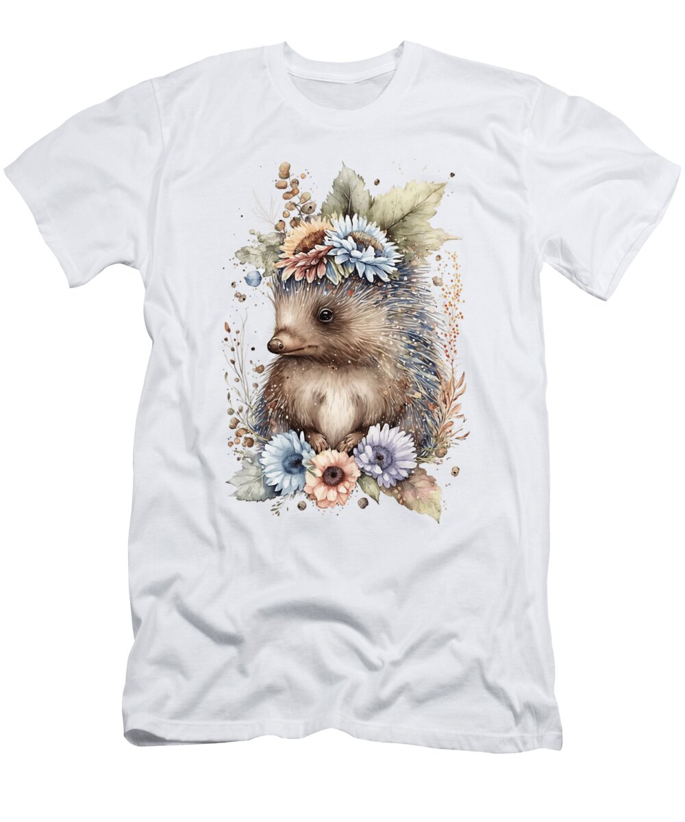 9 Hedgehog Boho Woodland Animal Floral Heidi Joyce T-Shirt
