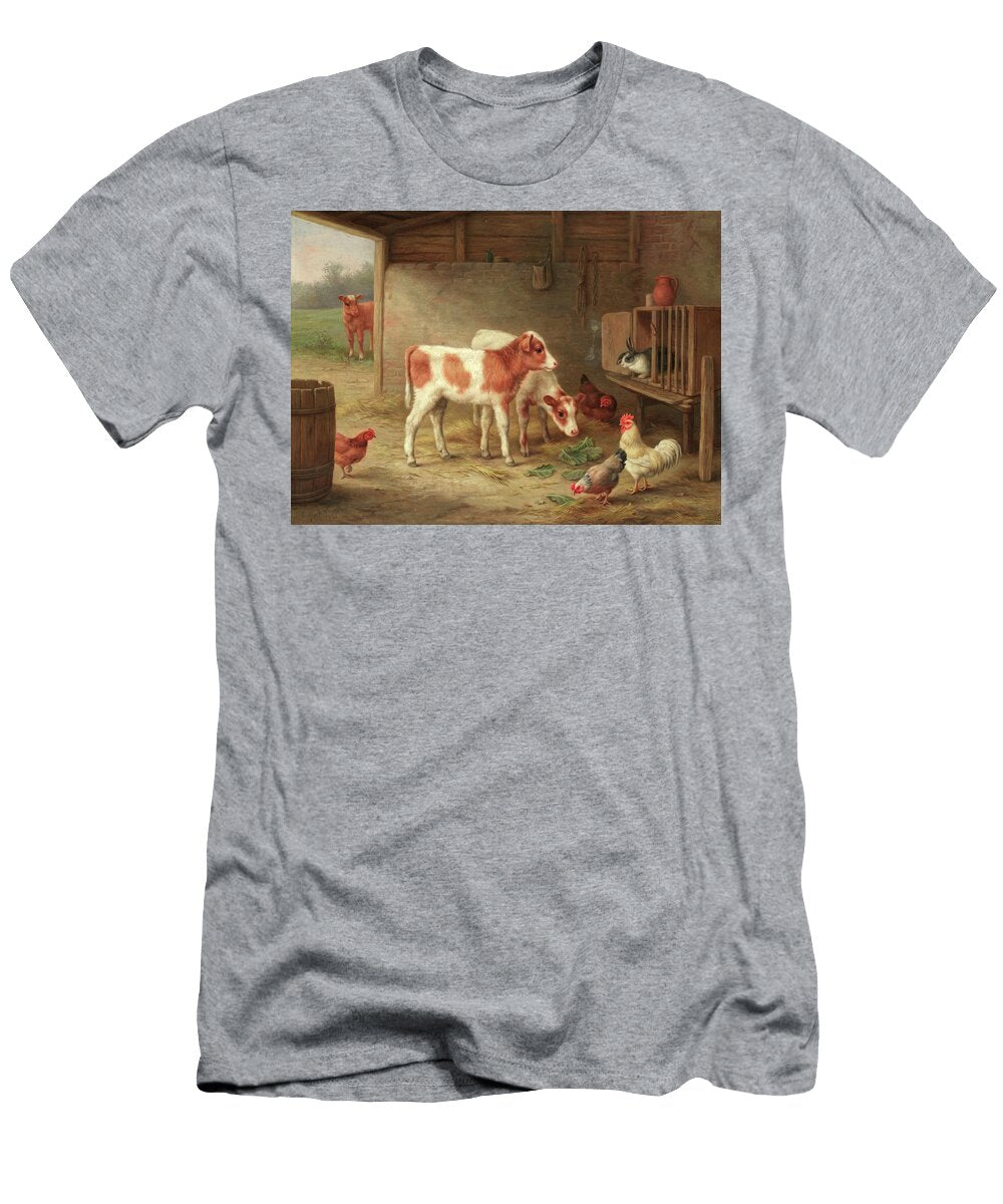 A Barn Interior with Two Ayrshire Calves a Cockerel Hens and a Rabbit Walter Hunt T-Shirt