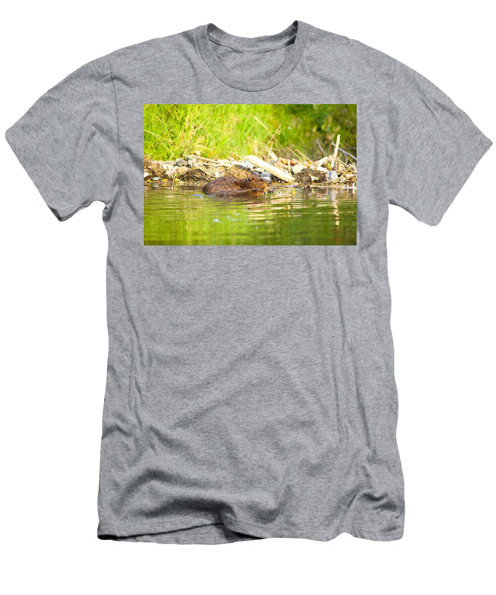 A Beaver and Baby Feed Near Their Dam Michael Jones T-Shirt