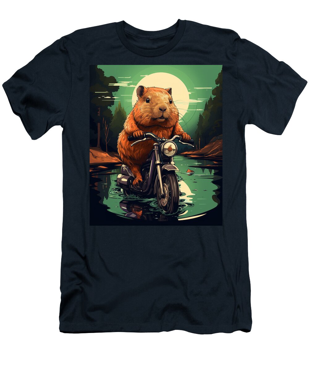 A Cartoon Hamster Rides a Motorcycle Through a River Under a Ful Shayna Simphony T-Shirt