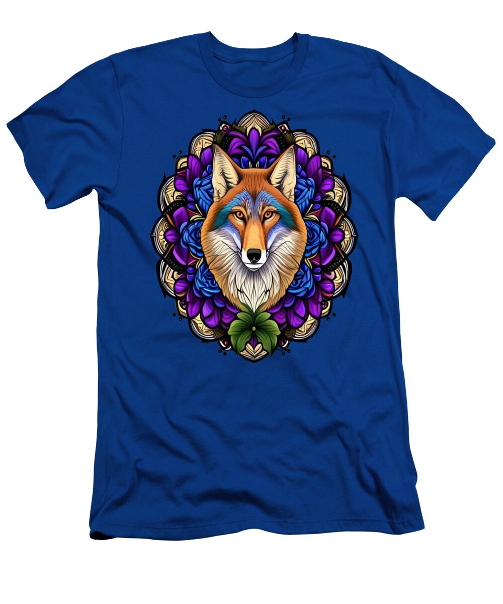 A Coyote Surrounded By a Wreath of Pasque Flower Tattoo Art Taiche Acrylic Art T-Shirt