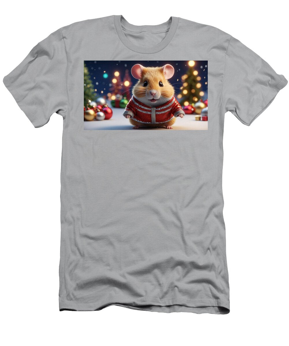A Cute Hamster Is Dressed in a Festive Red Sweater Standing Amidst Colorful Christmas Ornaments Colorful Points T-Shirt