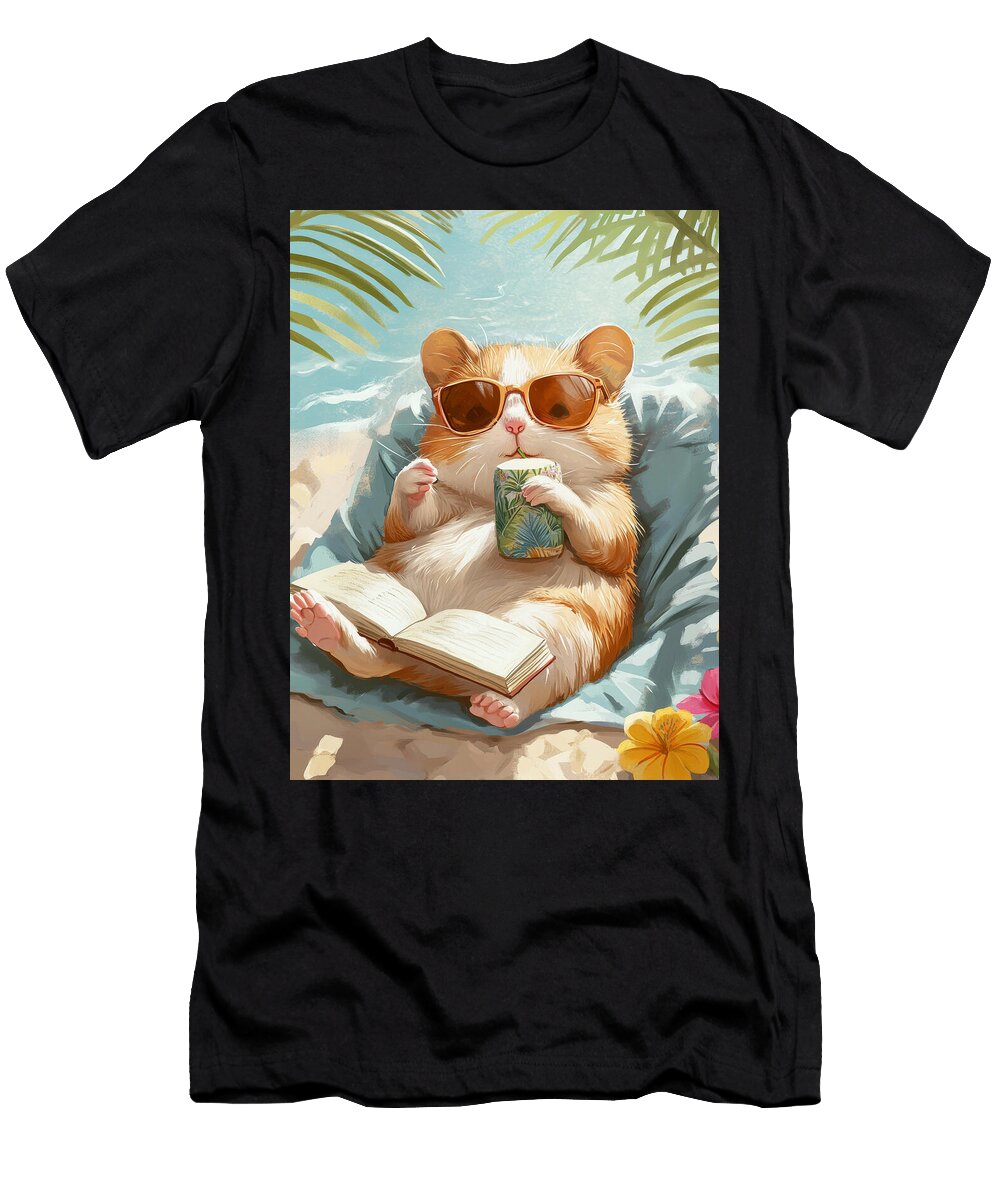 A Cute Hamster Relaxes on a Beach with a Book and a Drink Crookse Amalia T-Shirt