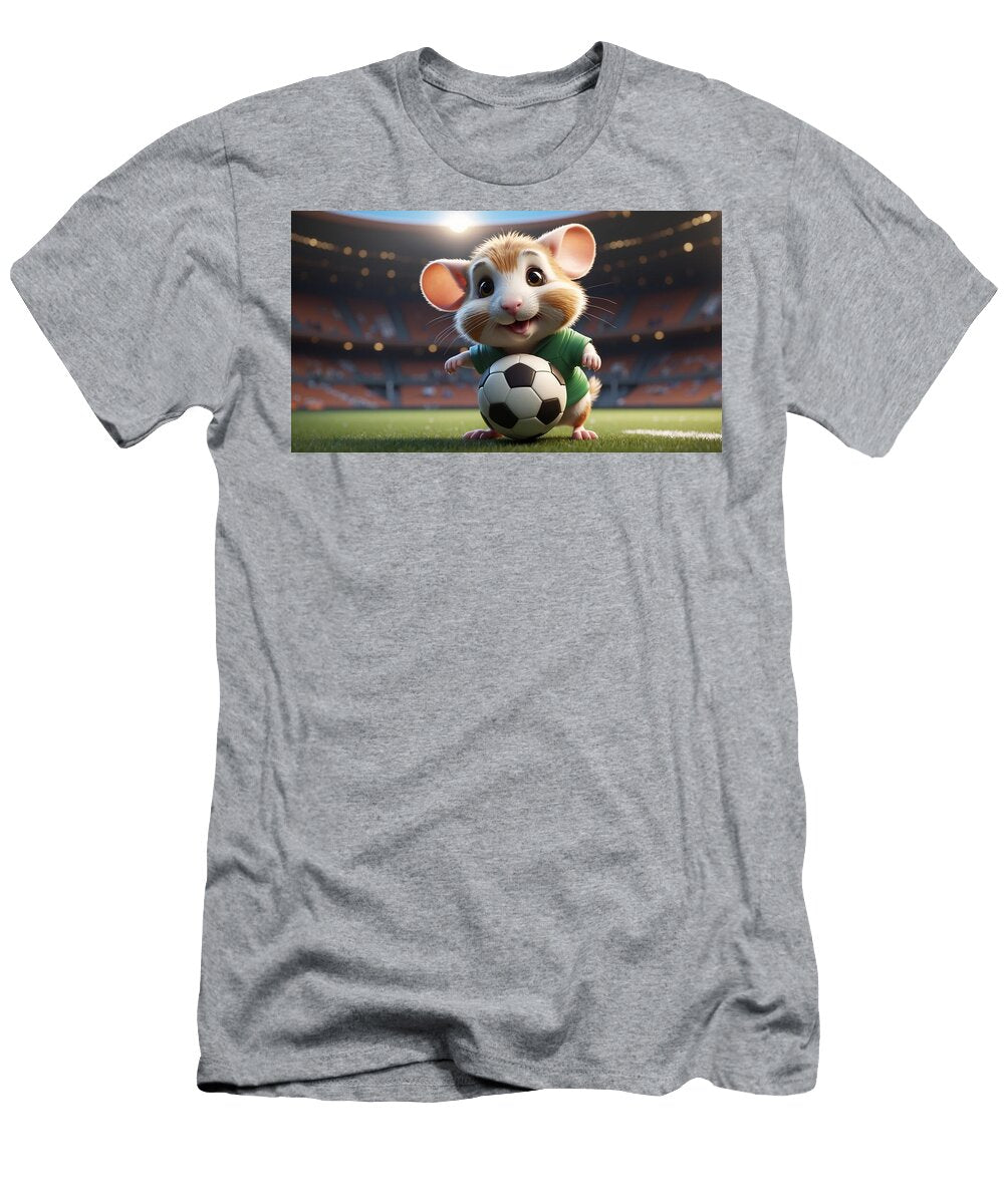 A Cute Hamster Wearing a Green Jersey Is Holding a Soccer Ball in the Middle of a Large Stadium Colorful Points T-Shirt