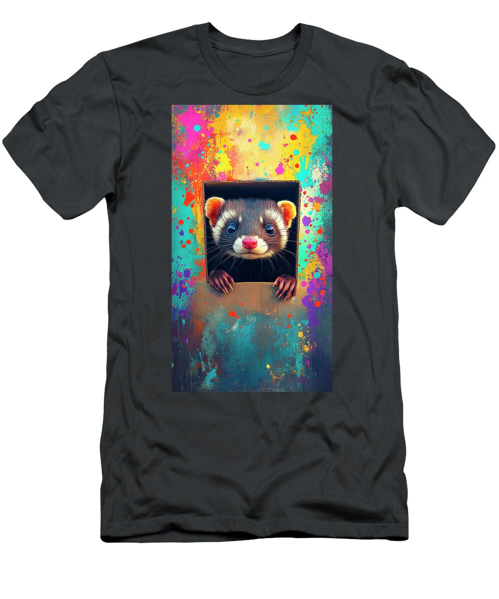 A Ferret Peeking From a Box Vibrant Animal Art Cortez Schinner T-Shirt