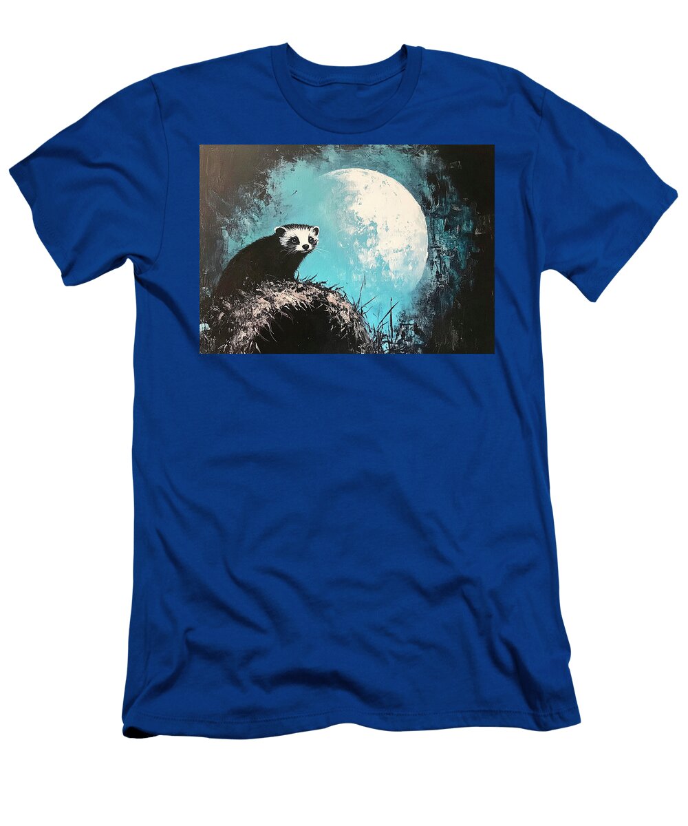 A Ferret Silhouette Peeking From a Burrow with a Blue Moon Grover Mcclure T-Shirt