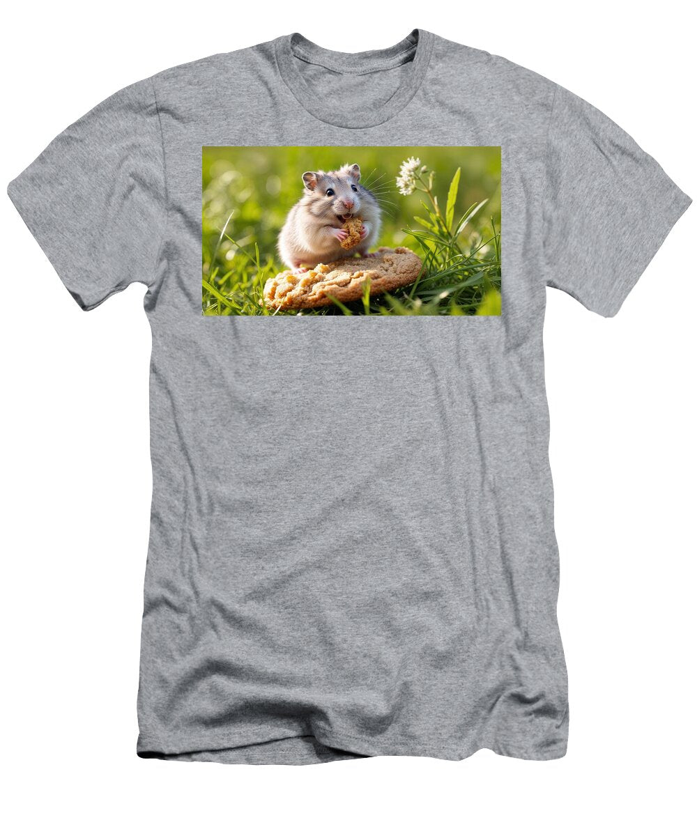 A Fluffy Hamster Holds a Piece of Cookie While Perched on Top of a Larger Cookie Colorful Points T-Shirt