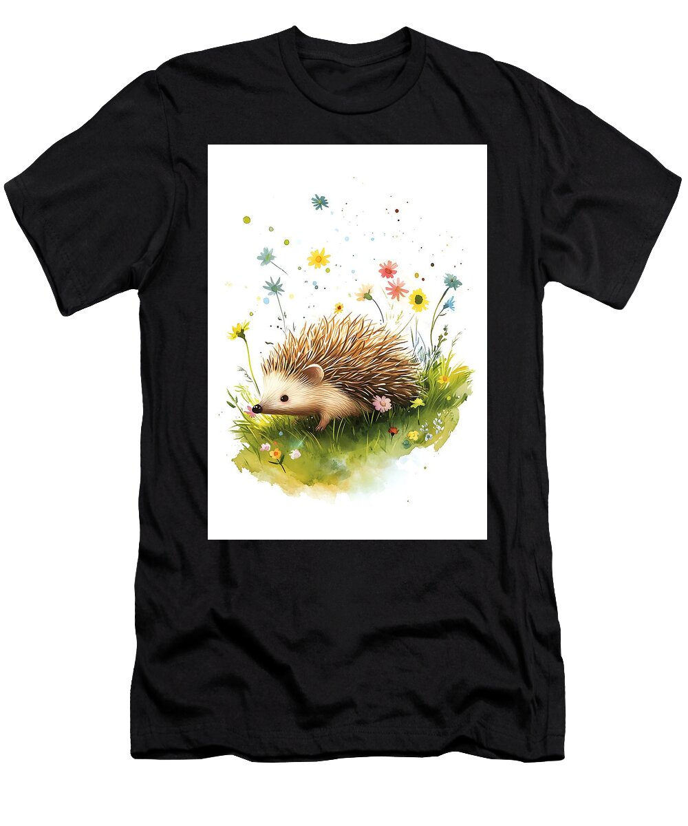 A Hedgehog Rolling Down a Grassy Hill Gathering Flowers in Its Spines Flora Brown T-Shirt