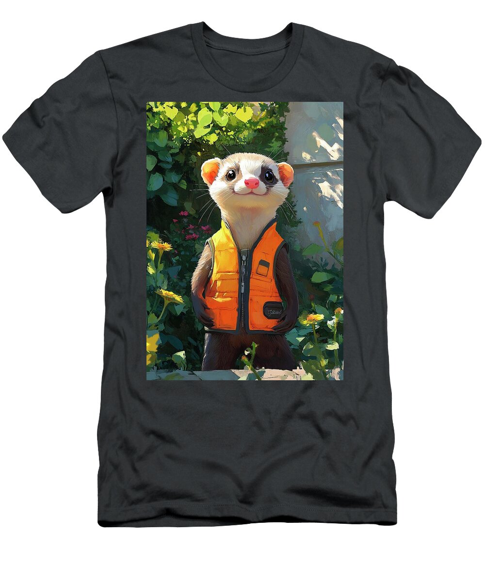 A Lively Ferret Wearing a Little Vest Exploring a Garden Eldre Delvie T-Shirt