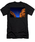 A Man Jumps Across a Chasm While Hiking Kirk Mastin T-Shirt