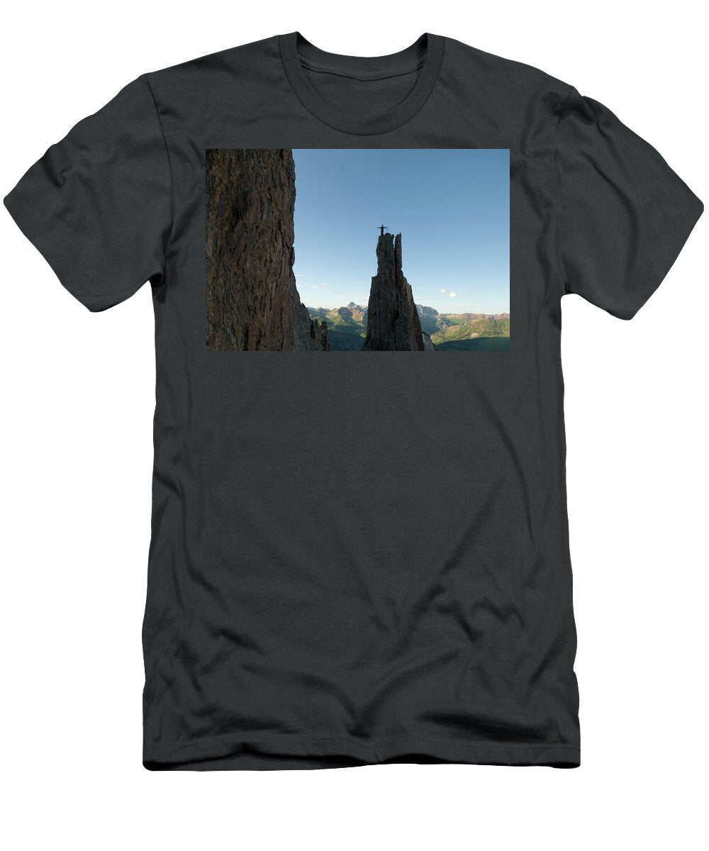 A Man Standing on Rock Spire Kennan Harvey T-Shirt
