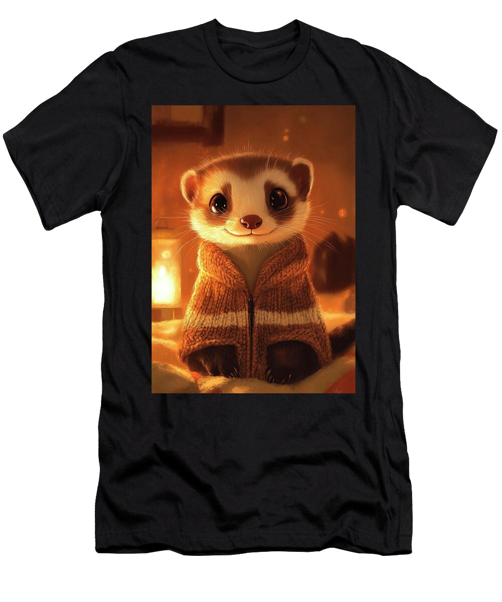 A Playful Ferret in a Cozy Sweater Exploring Its Surroundings Eldre Delvie T-Shirt