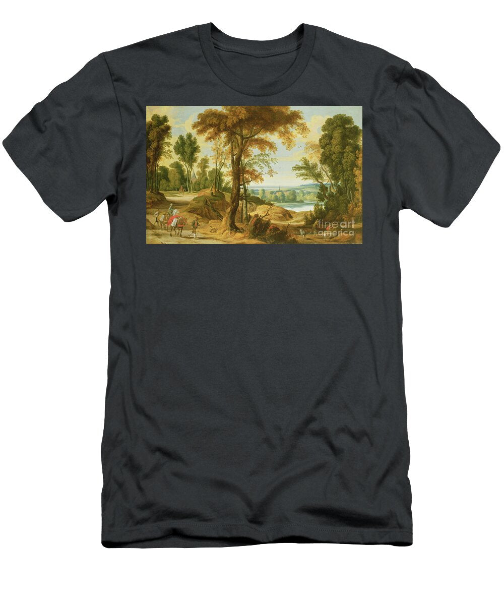 A Wooded River Landscape with Figures on a Road Jan Wildens T-Shirt