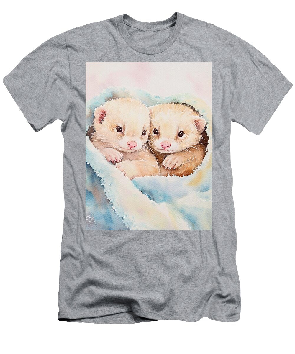 Adorable Baby Ferrets Two Baby Ferrets Cuddled in a Blanket with Tan and White Fur Watercolor Animal Henry George T-Shirt