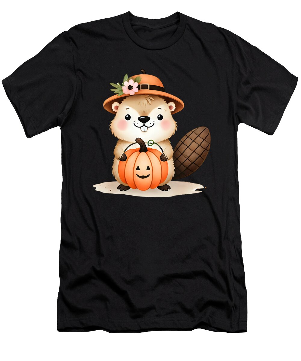Adorable Beaver Holding Halloween Pumpkin with Hat Heidi Joyce T-Shirt