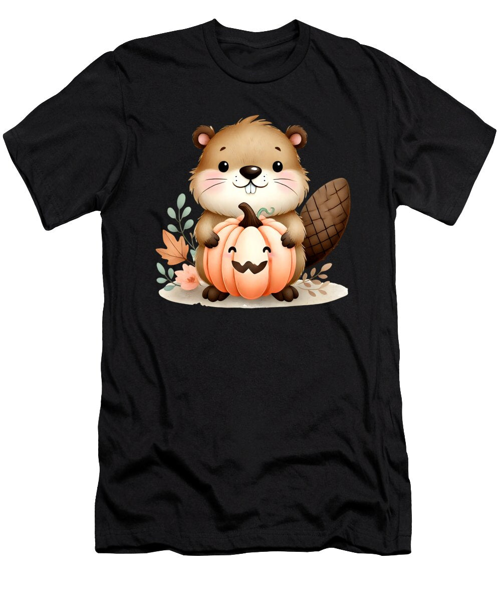 Adorable Beaver Holding Happy Pumpkin Fall Illustration Heidi Joyce T-Shirt