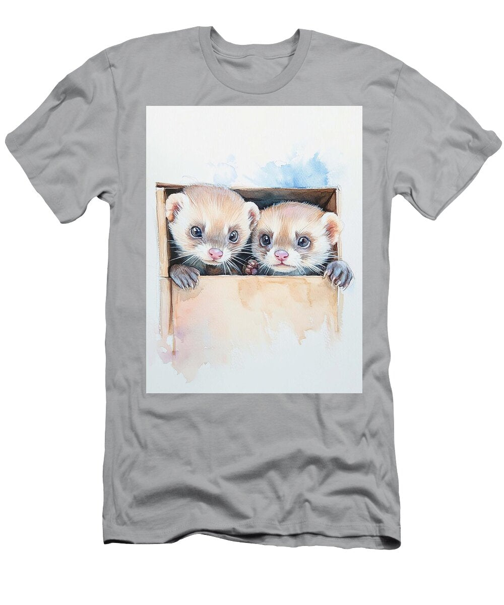 Adorable Ferret Artwork Two Baby Ferrets Investigating a Box with Tan and White Fur Cute Animal Illu Henry George T-Shirt