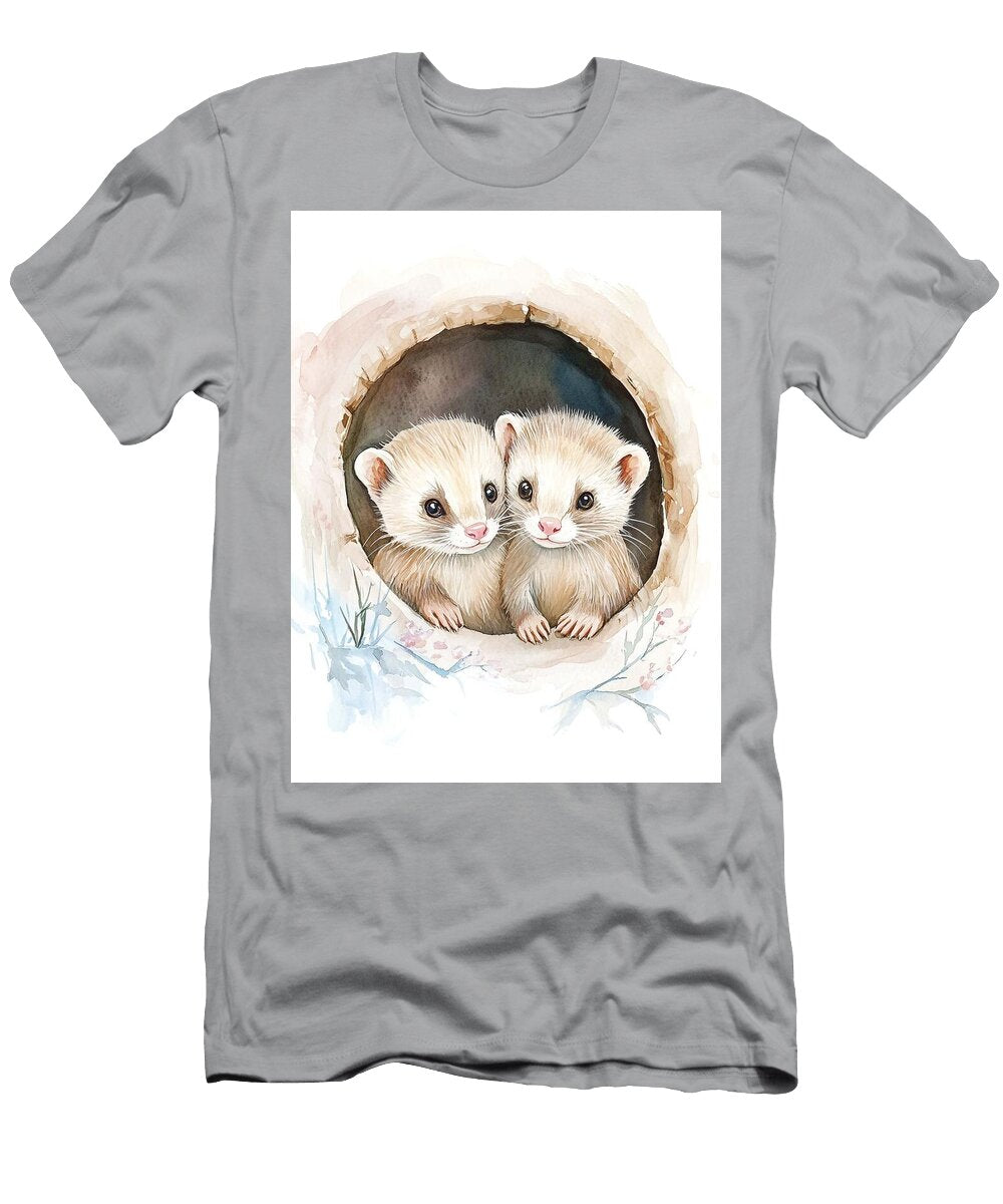 Adorable Ferret Artwork Two Baby Ferrets Playing in a Tunnel with Tan and Cream Fur Cute Animal Illu Henry George T-Shirt