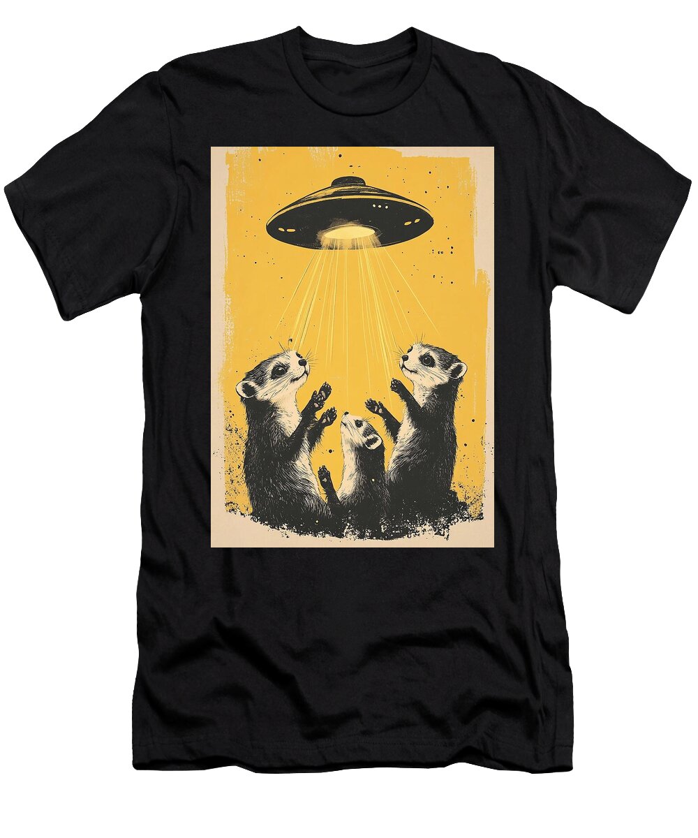 Adorable Ferrets and a Ufo in a Yellow Background Grover Mcclure T-Shirt