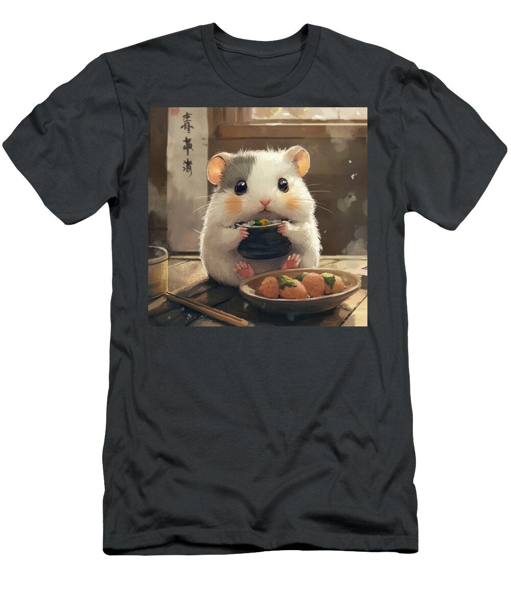 Adorable Hamster Enjoys a Meal in a Cozy Setting Hendrik Thompson T-Shirt