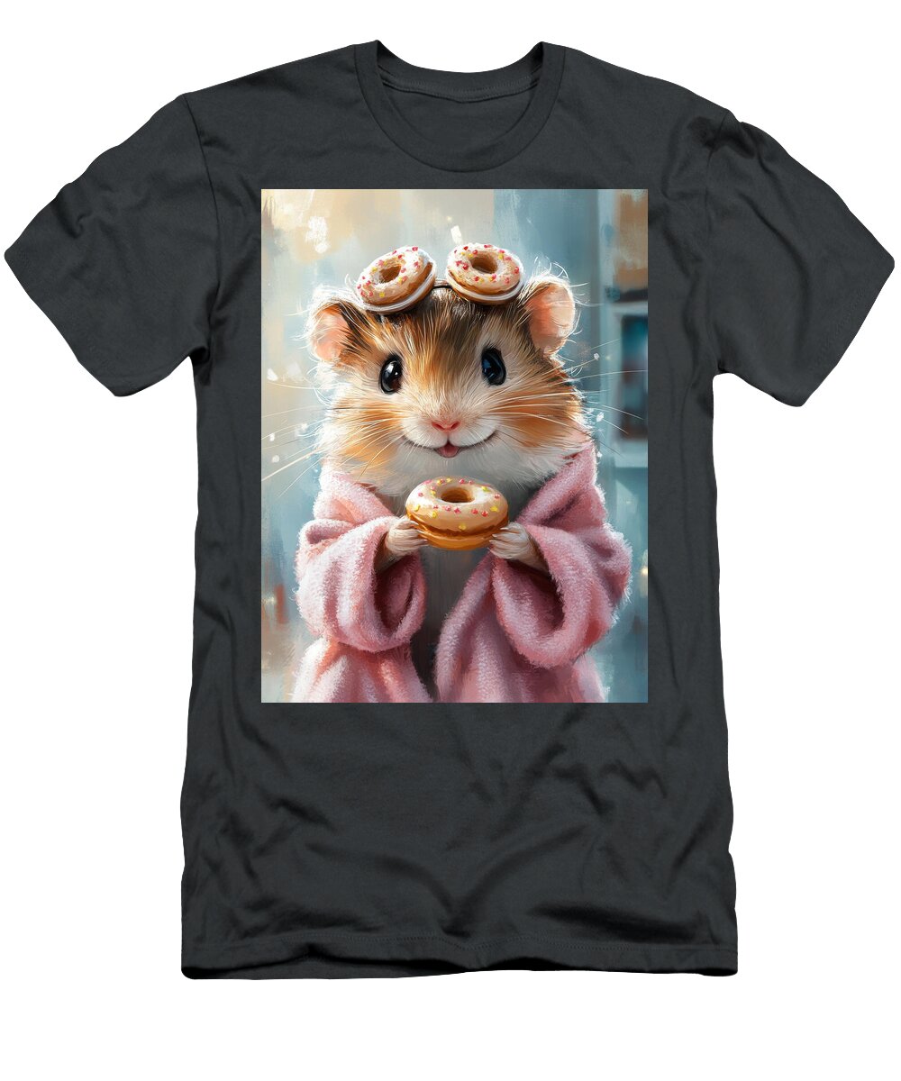 Adorable Hamster in Pink Robe Enjoying Donuts Ethan Rizzo T-Shirt