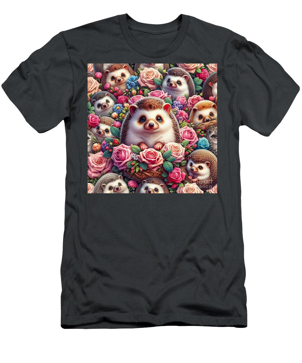 Adorable Hedgehogs and Colorful Flowers Whimsical Art Debra T-Shirt