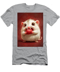 Adorable White Fluffy Hamster Eating a Red Heart on a Red Backgr Anthonie Willy T-Shirt