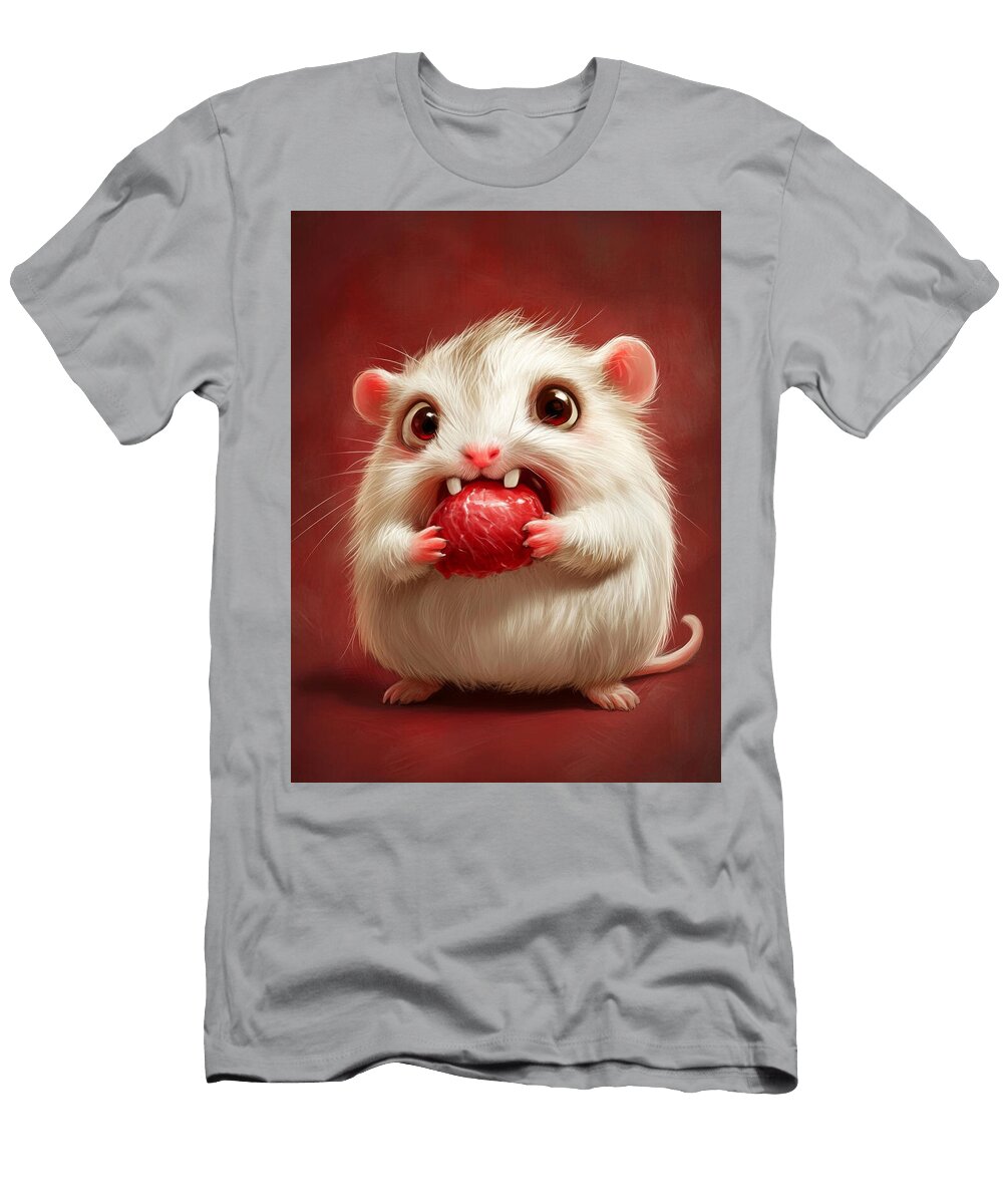 Adorable White Fluffy Hamster Eating a Red Heart on a Red Backgr Anthonie Willy T-Shirt