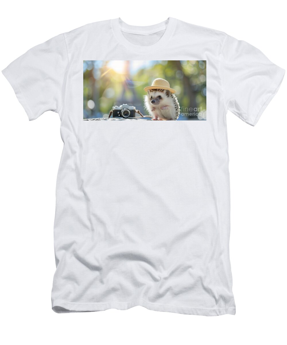 Adventurous Hedgehog with Camera on Sunny Day in Nature Michal Bednarek T-Shirt