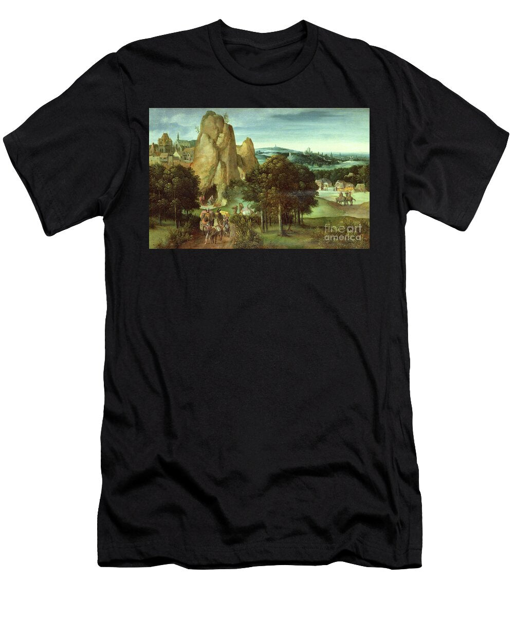 An Extensive Rocky Landscape with a Camel Train and St Jerome in Penitence Beyond Joachim Patenier or Patinir T-Shirt