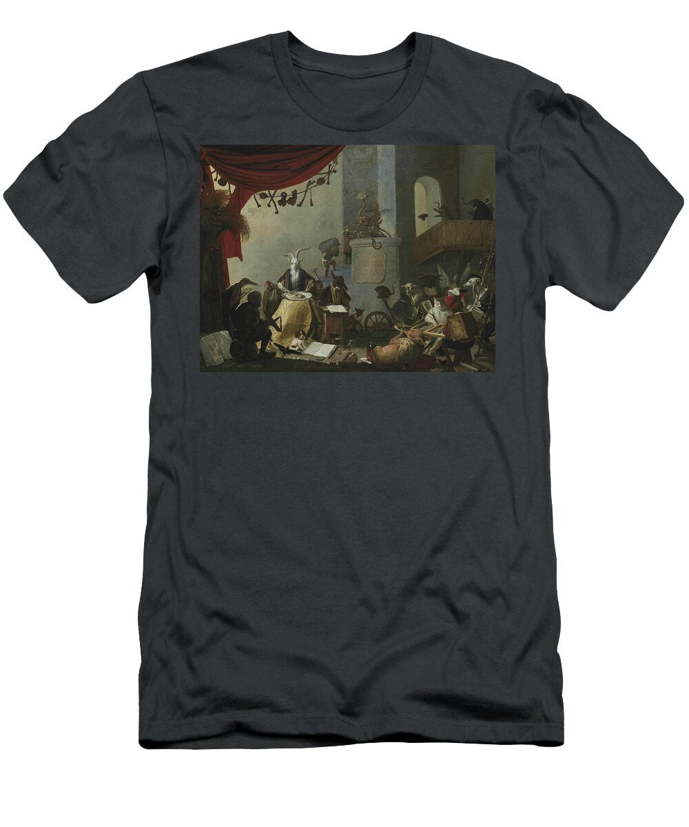 An Interior with a Goat Eating an Oyster a Donkey At a School Desk a Cat Playing Tric Trac Etc Cornelis Saftleven T-Shirt