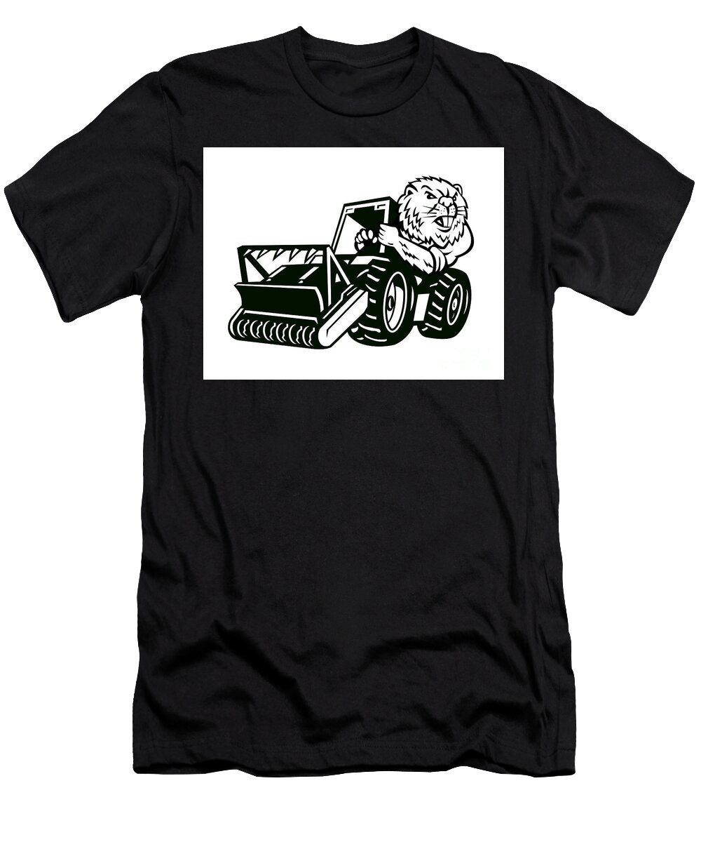 Angry Beaver Driving Mulching Tractor Mascot Cartoon Retro Aloysius Patrimonio T-Shirt