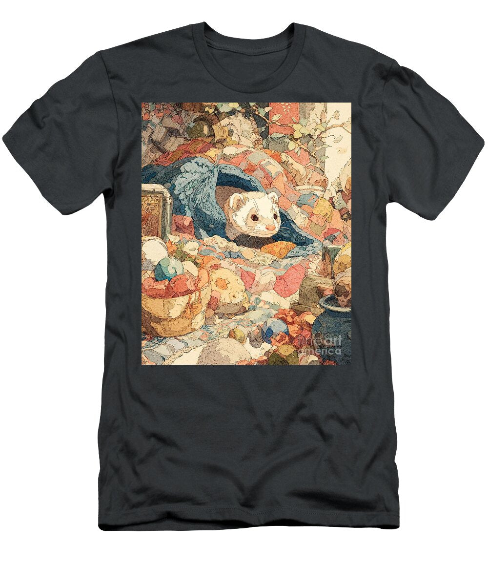 Artistic Animal Charming Ferret Hiding Amongst Colorful Treasures Cute Ferret Hidden Creature Clint Mclaughlin T-Shirt