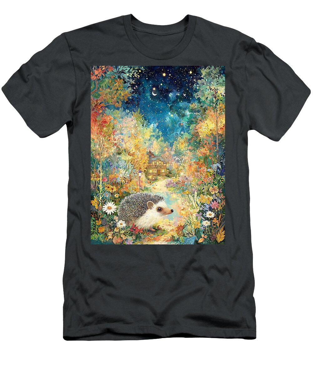 Autumn Night Sky Hedgehog Snuffling Through Fallen Leaves Looking Hedgehog Elmer Powers T-Shirt
