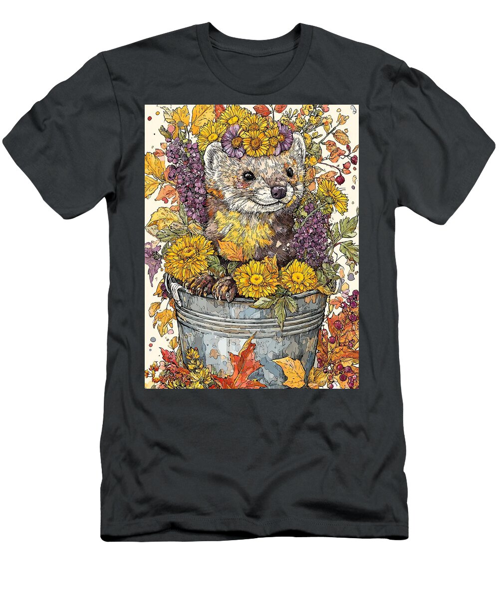 Autumnal Animal Floral Portrait Marten Kit Wildlife Artwork Elmer Powers T-Shirt