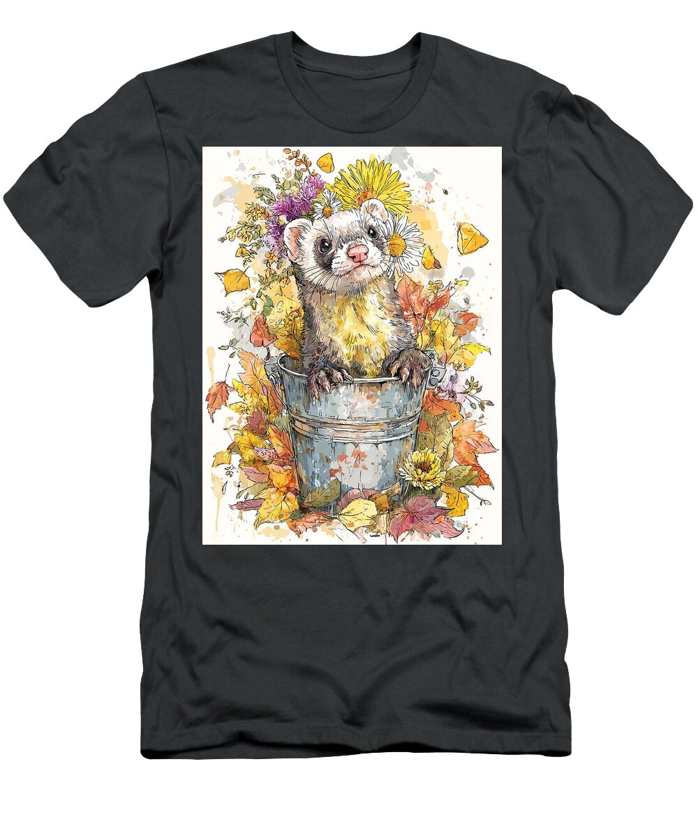 Autumnal Creature Floral Pet Portrait Ferret Cute Animal Art Elmer Powers T-Shirt