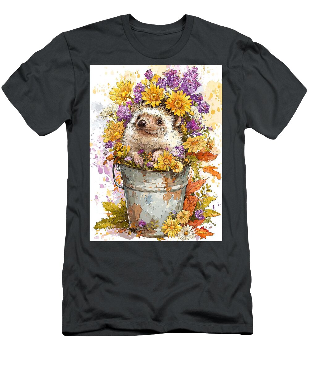 Autumnal Portrait Hedgehog Hoglet Floral Hedgehog Cute Animal Elmer Powers T-Shirt